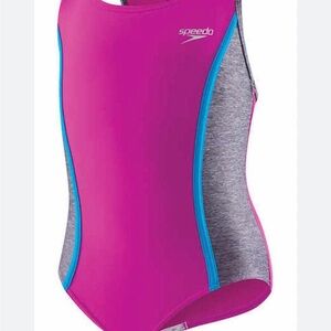 Speedo Magenta One-Piece Swimsuit with Gray Panels and Blue Trim